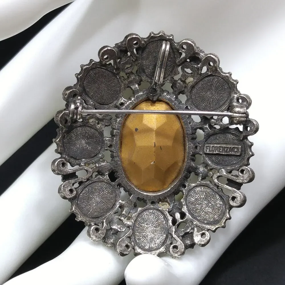 Florenza Blue Faceted Glass Brooch & Pendant, Antique Silver Tone, Gold Plated